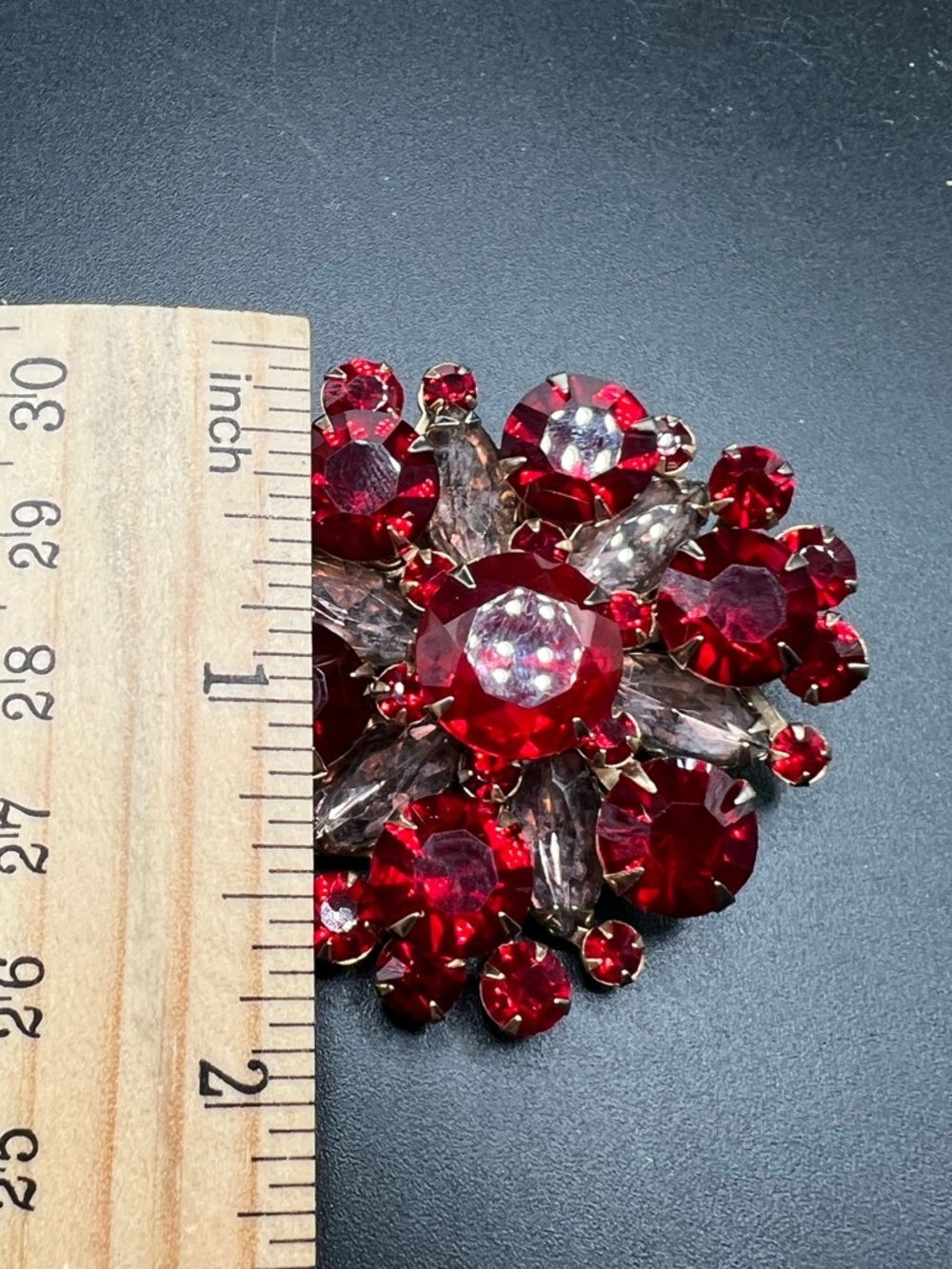Vintage Red Rhinestone Smoky Marquis Brooch Gold Tone Mid Century Statement Pin - Picture 3 of 6